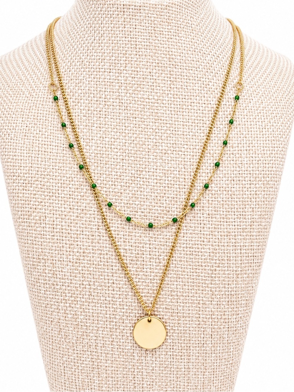 Gold Layered Green Beaded Coin Pendant Necklace Minimalist Boho Adjustable